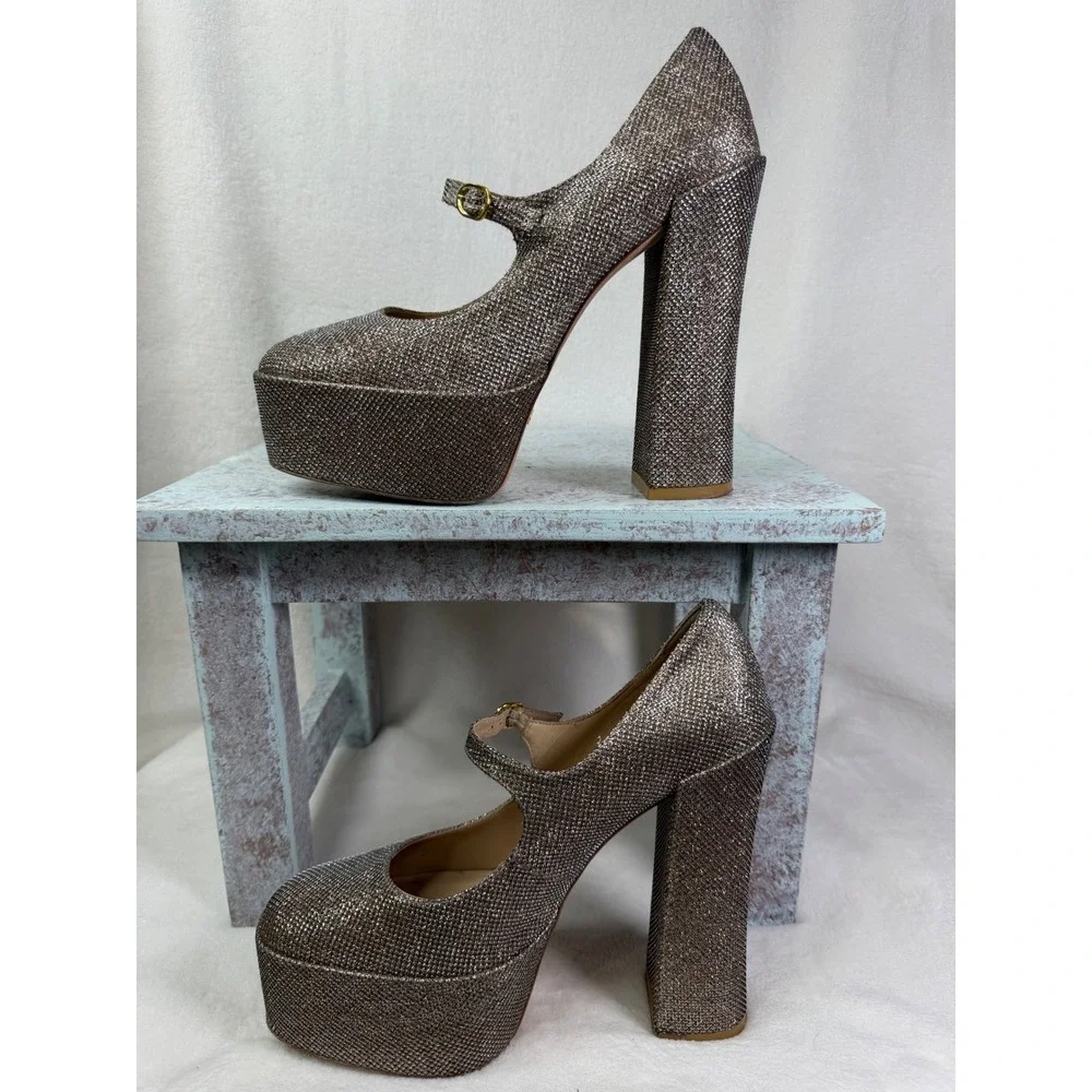 Stuart Weitzman Skyhigh Mary Jane Platform Pumps Metallic Silver Gold 9.5B SD284